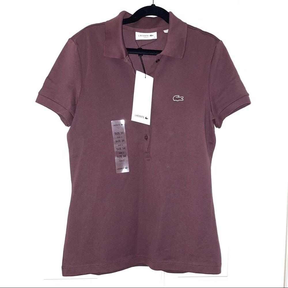 LACOSTE Brown Purple Polo T Shirt Collared 34 2 Small Slim Fit NWT NEW